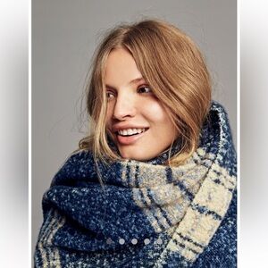 Blue free people Loveland Plaid Fringe blanket scarf spring knit casual revolve